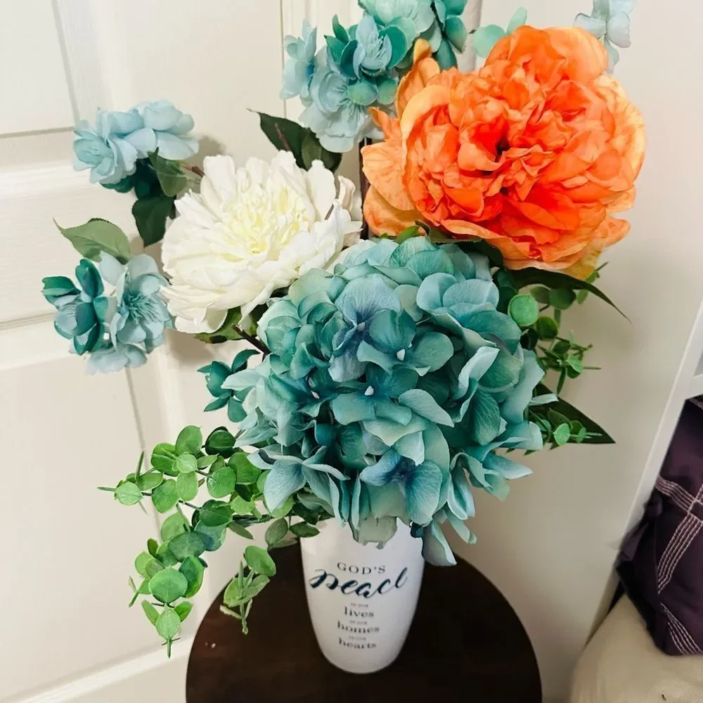 Summer Flower Arrangement Teal Orange Eucalyptus Floral Stems